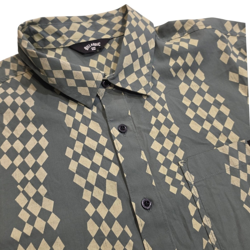 Billabong Mens Button Down Shirt Gray Cream Diamond Harlequin Large